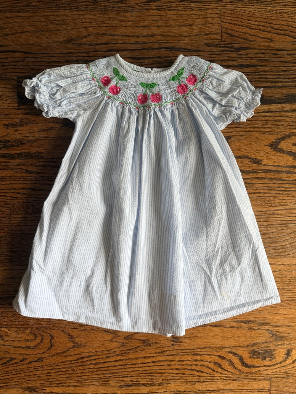 Classic Whimsy Seersucker Smocked Bishop Dress with Cherry Embroidery, Size 18M